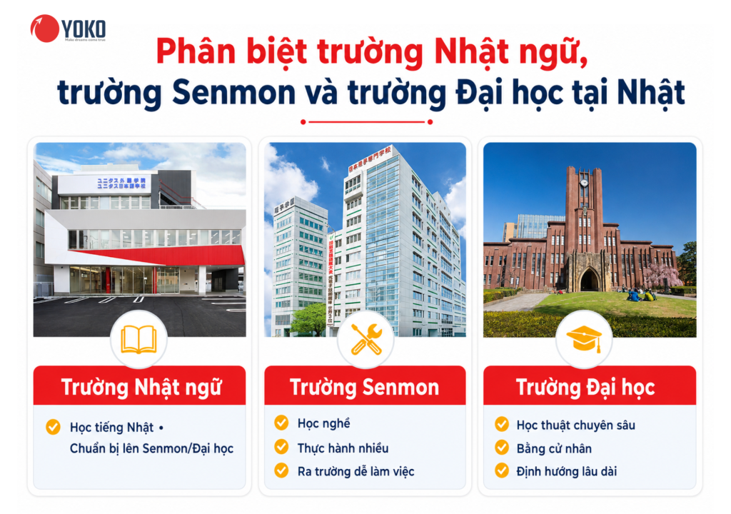 Phân biệt trường Nhật ngữ, trường Senmon và trường Đại học tại Nhật